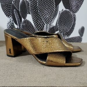 YSL Saint Laurent Gold Mules with Crisscross Straps BLock Heels Mobwife Clubwear